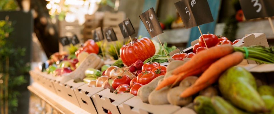 Colorful organic fruits and vegetables arranged in cardboard boxes at a bustling farmers market reflect the lifestyle and local flavor available to residents living in apartments in Atlanta.