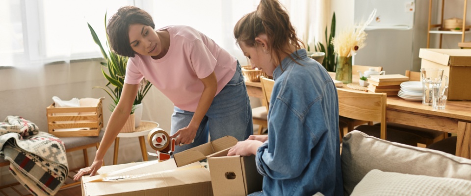 Two women joyfully organize their new home filled with plants and sunlight — a perfect time to put packing hacks to use for a smooth and stress-free move-in experience.