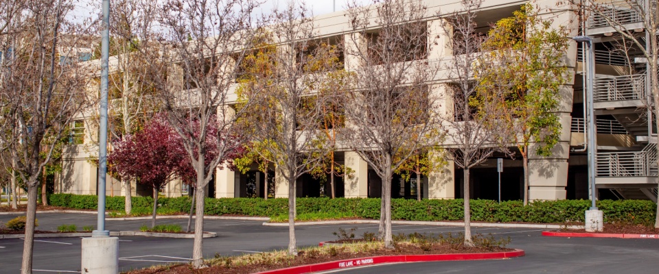 A sunny, empty multi-level concrete parking structure near a large corporate campus or public space reflects the practical benefits of moving near a college town, where infrastructure supports both student and local commuter needs.