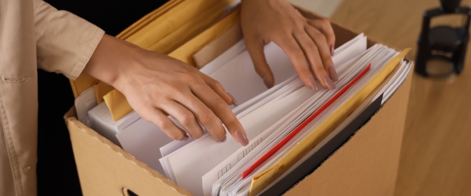 A closeup of a woman reviewing files in an office, appearing focused and detail-oriented, as if checking documents related to an application fee or other important paperwork.
