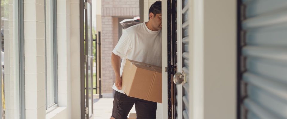 An unrecognizable man carrying a box into a storage unit highlights the practical amenities often available near apartments in Atlanta, offering convenient storage solutions for renters during a move or downsizing.