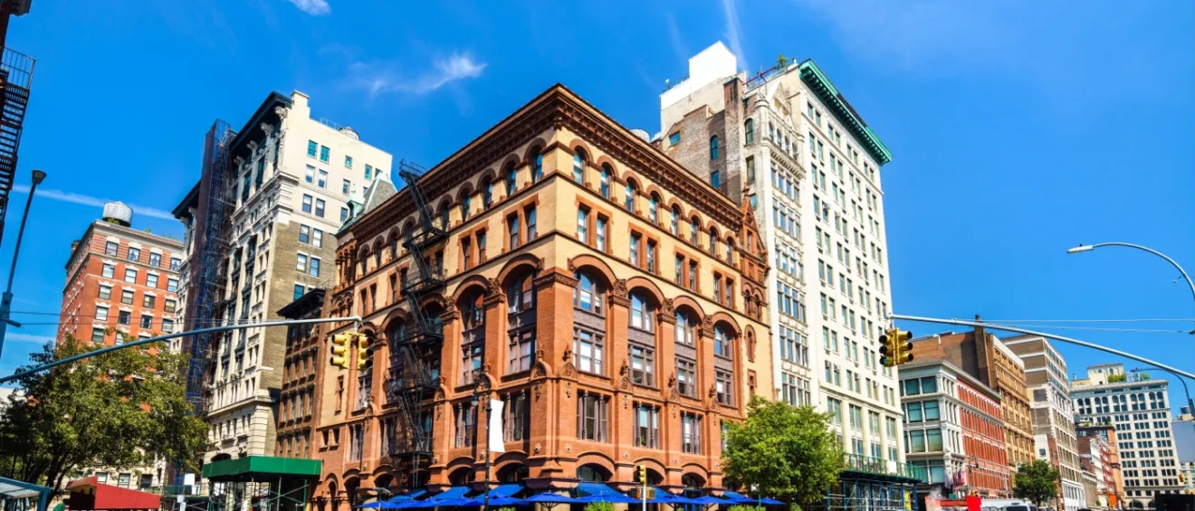 Architecture of historic buildings in Lower Manhattan in New York City to illustrate adaptive reuse projects.