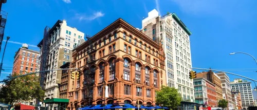 Architecture of historic buildings in Lower Manhattan in New York City to illustrate adaptive reuse projects.