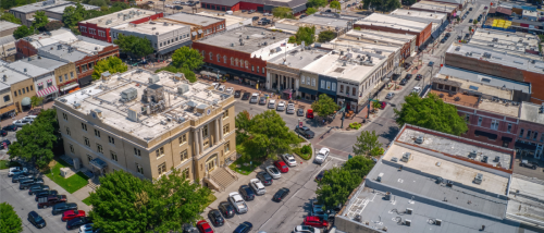 An aerial view of downtown McKinney, TX, a city where you should ask these five questions before renting an apartment.
