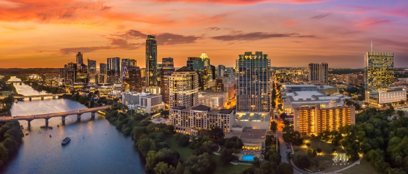 An aerial view of the skyline in Austin, TX, a city where you should ask these five questions before searching for rental apartments.