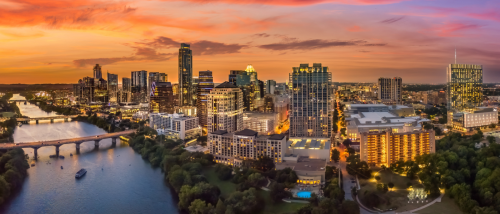 An aerial view of the skyline in Austin, TX, a city where you should ask these five questions before searching for rental apartments.