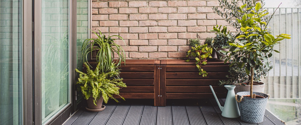 Neatly arranged balcony with various potted plants, a wooden bench, and a watering can, demonstrating balcony etiquette by keeping the outdoor space organized.