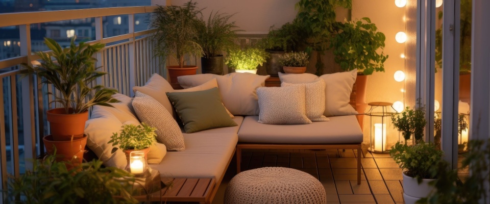 Cozy and inviting balcony at dusk with ambient string lights, lush potted plants, and comfortable seating.