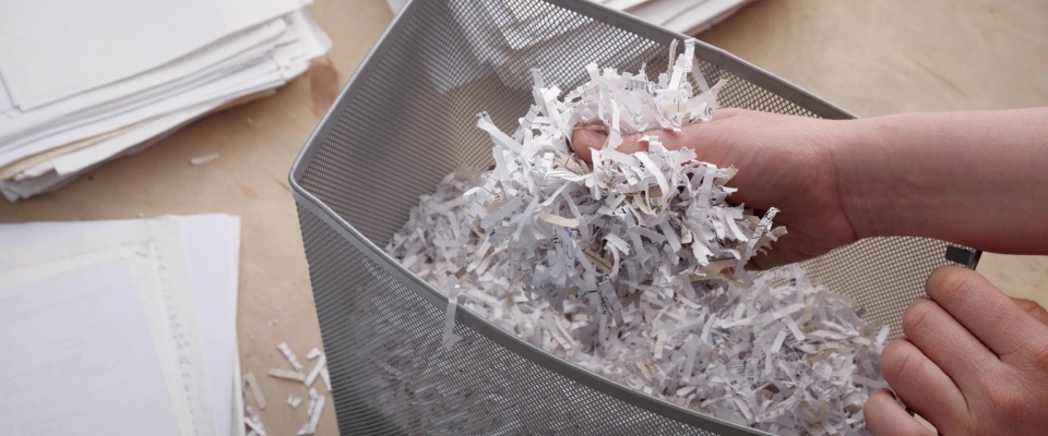 Person shredding documents and disposing of paper strips into a wastebasket, showing a key method of protecting sensitive information and preventing identity theft.