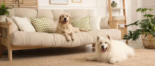 Two happy dogs relaxing in a stylish apartment living room with cozy decor, soft couch, green plants, and accent pillows, illustrating the importance of pet maintenance apartment tips for keeping pets comfortable and homes tidy.