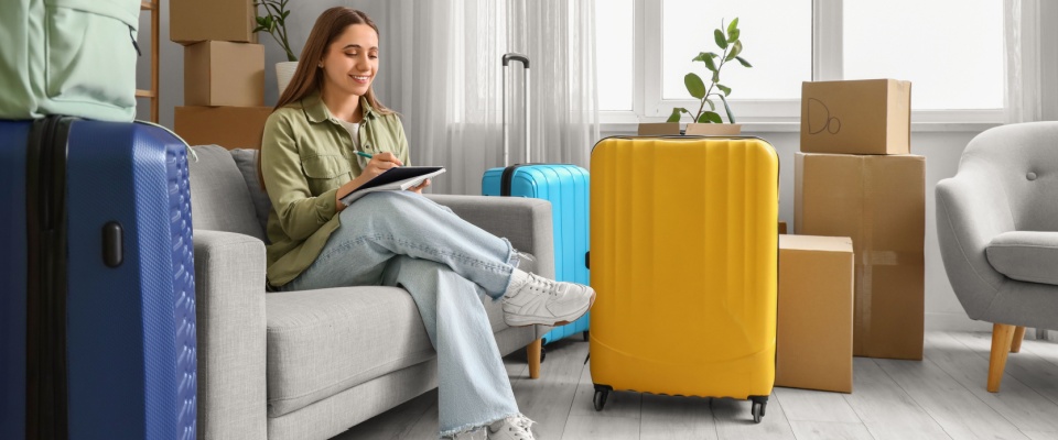 A young woman with suitcases making a checklist on moving day. This moment highlights the importance of tracking key details like the lease commencement date, which marks the official start of her rental agreement.
