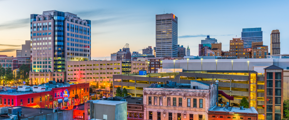 A shot of the skyline in downtown Memphis, TN, a city where the cost of living is below the state and national averages.