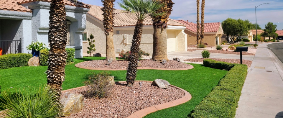 An eye-level view of a suburban desert oasis with palm trees and xeriscaping, reflecting the unique landscapes and lifestyle surrounding apartments in Las Vegas.