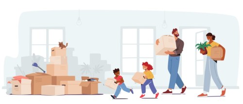 Illustration of moving with kids, a family carrying boxes to their new apartment.