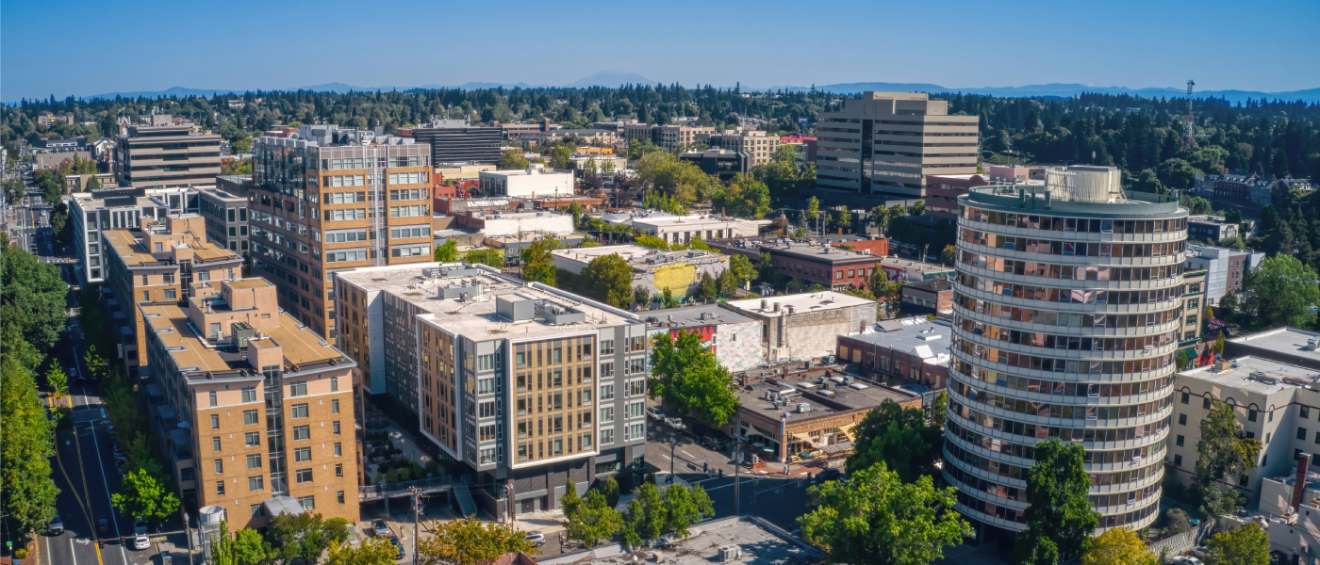 An aerial view of the skyline in downtown Vancouver, WA, a city where you should ask these 5 questions before renting an apartment.