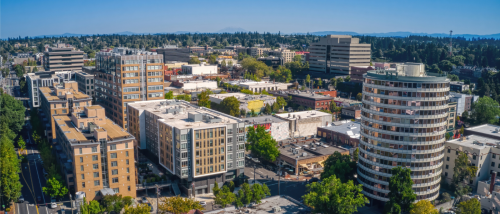 An aerial view of the skyline in downtown Vancouver, WA, a city where you should ask these 5 questions before renting an apartment.
