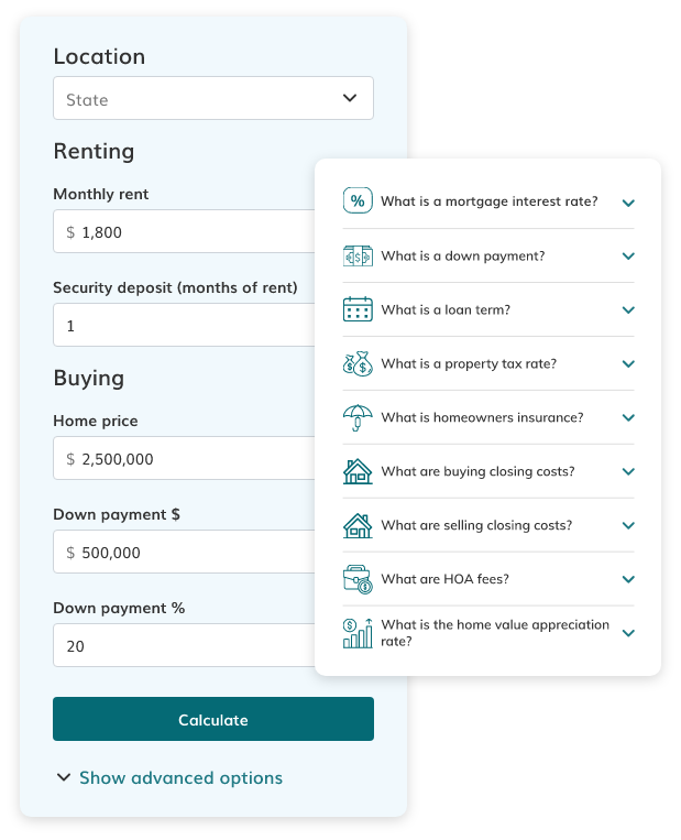 Visual showcasing the Rent vs Buy Calculator as one of the new features available on the site.