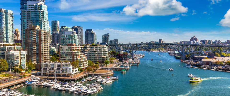 An aerial shot of Vancouver, BC, one of the top cities for renter interest in Canada.