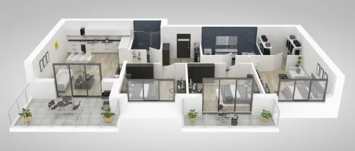 3D floor plan of an open living space apartment to illustrate how to read an apartment floor plan.