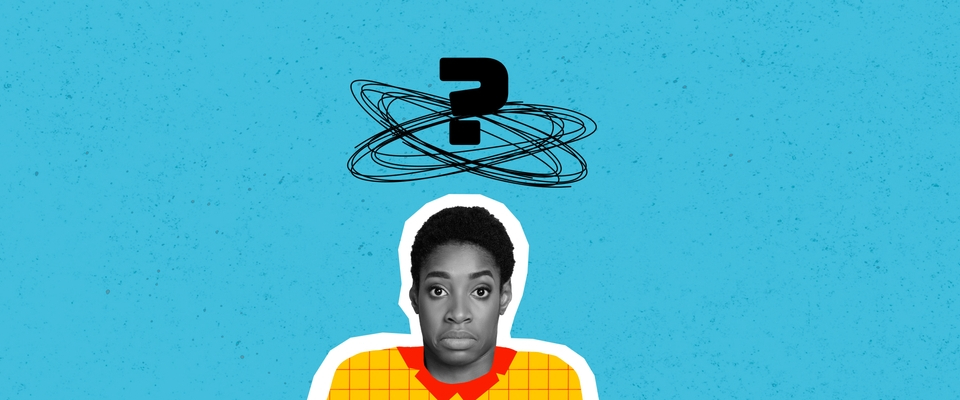 An illustration featuring a person with a confused expression, with a large, swirling black question mark drawn above their head, set against a bright blue background. The illustration represents the question "What is a cosigner?"