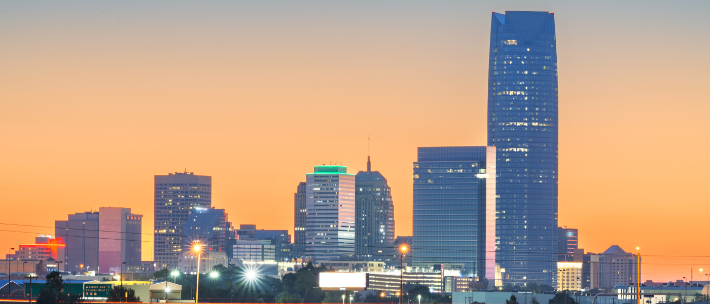 A shot of the skyline in downtown Oklahoma City at dusk.