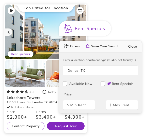 Visual showing the Rent Specials label present on listings on RentCafe.com.