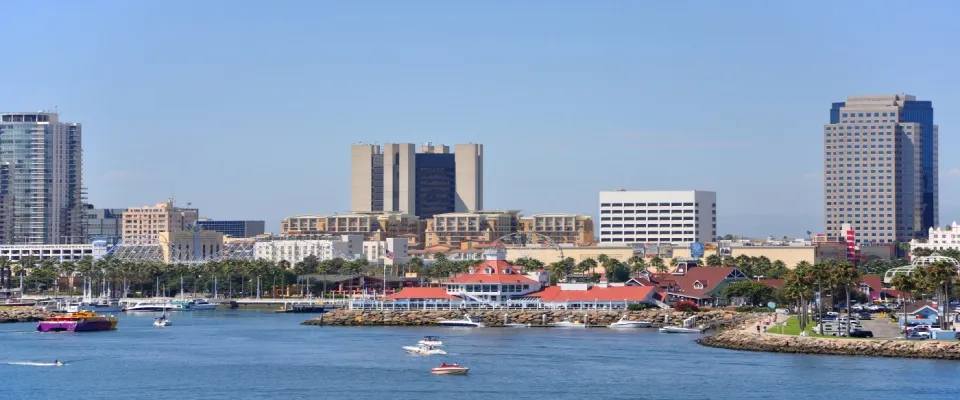 Modern Long Beach skyline with marina and Shoreline Village in California, representing coastal urban living and market insights for a renter engagement tracker.