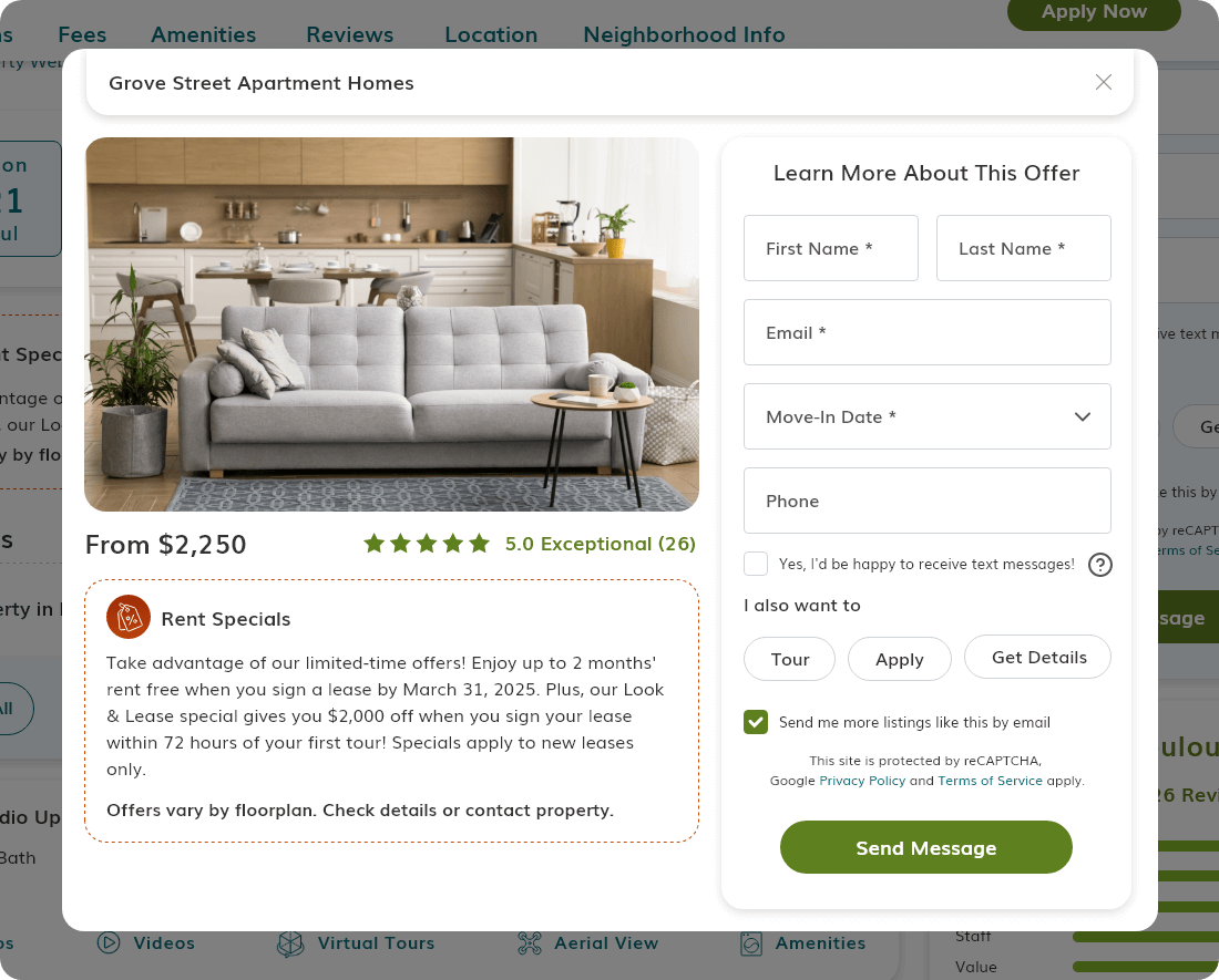 Screenshot of a RentCafe.com listing showing the Rent Specials feature, including a pop-up with apartment details, rent amount, a highlighted “Rent Specials” section explaining limited-time offers, and a contact form for renters to request more information.