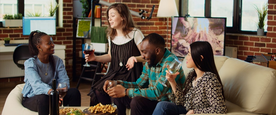 Friends hosting a gathering after deciding how many bedrooms they needed.