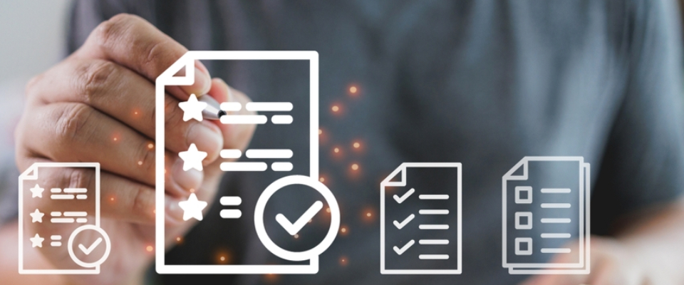 A person reviewing documents with digital checklists and approval icons overlayed, representing the rental pre-approval process and verification of rental qualifications.