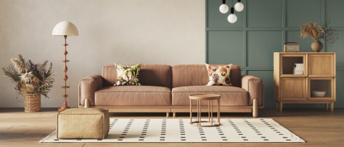 Image of a contemporary living room interior model showcasing vibrant decorative accents and highlighting new features.