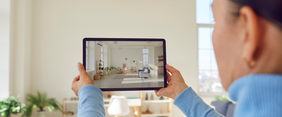 A person filming for a virtual apartment tour.