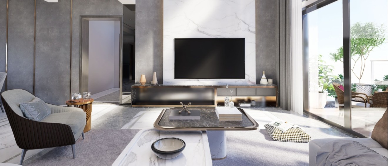 A large living room with a white couch, a coffee table, and a armchair to illustrate what is a luxury apartment.