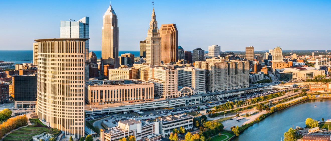 A waterfront view of the skyline in Cleveland.