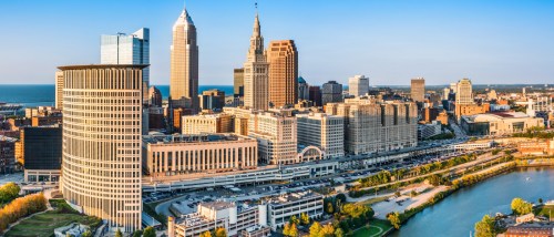 A waterfront view of the skyline in Cleveland.