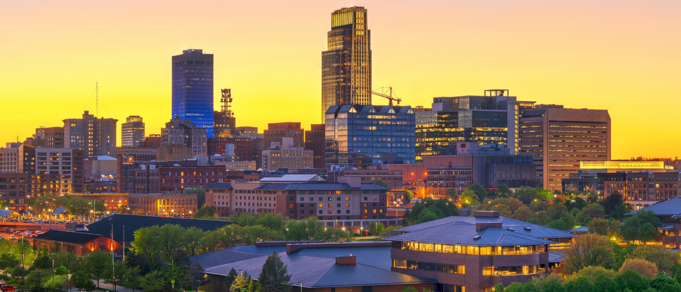 A shot of the skyline in Omaha, NE, at sunset.