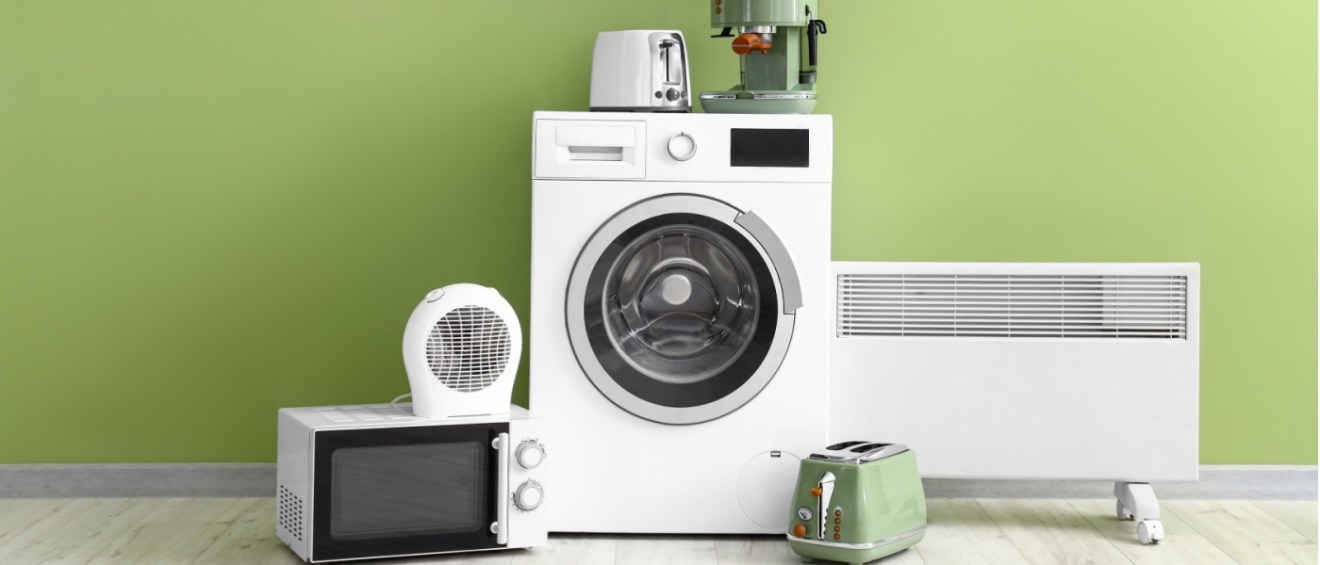 Collection of home appliances including a washing machine, microwave, toaster, and heater, emphasizing apartment appliance maintenance for long-term reliability.