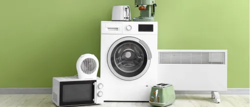 Collection of home appliances including a washing machine, microwave, toaster, and heater, emphasizing apartment appliance maintenance for long-term reliability.