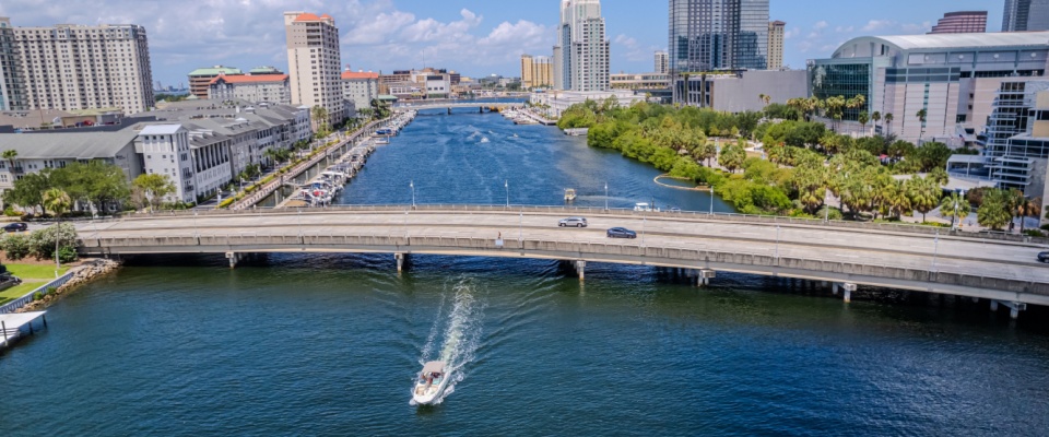 Aerial view of Tampa Bay skyline and Ybor City neighborhoods, highlighting apartments in Tampa.
