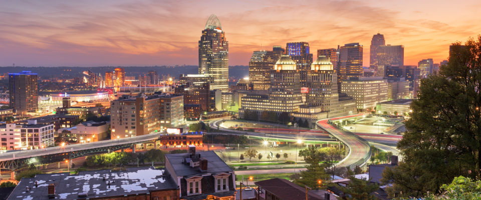 A view of Cincinnati at dusk.
