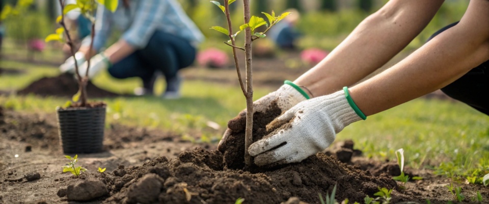 Community members planting trees and gardening outdoors, practicing teamwork, sustainability, and environmental care, reflecting renter resolutions for eco-friendly living.