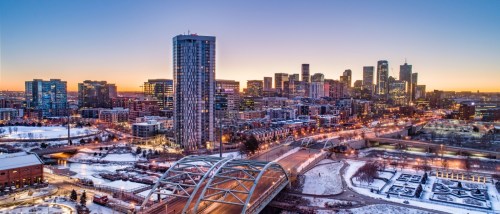 An aerial view of Downtown Denver to illustrate public transport in Denver.