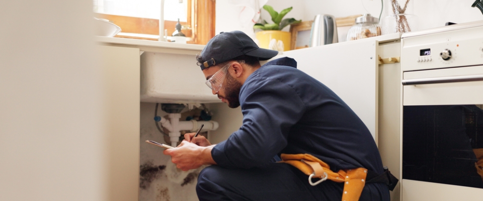 A maintenance worker inspecting plumbing under a kitchen sink in an apartment, illustrating the importance of safety and inspection standards when renting an apartment in Long Beach, CA.