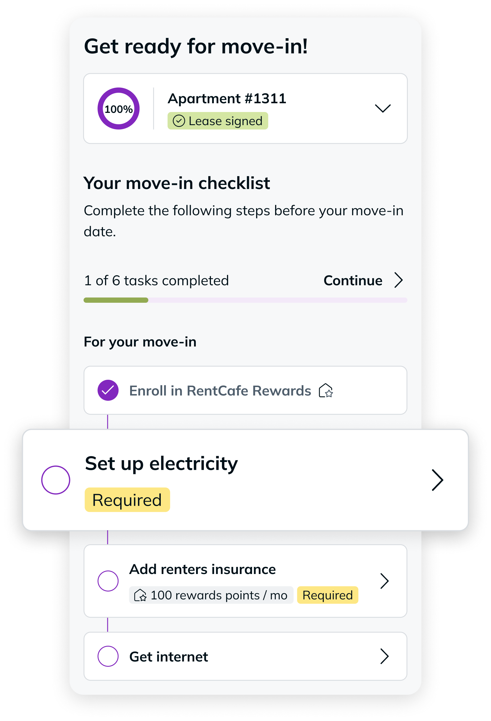 Visual of the RentCafe portal and the move-in checklist screen with electricity service sign-up.
