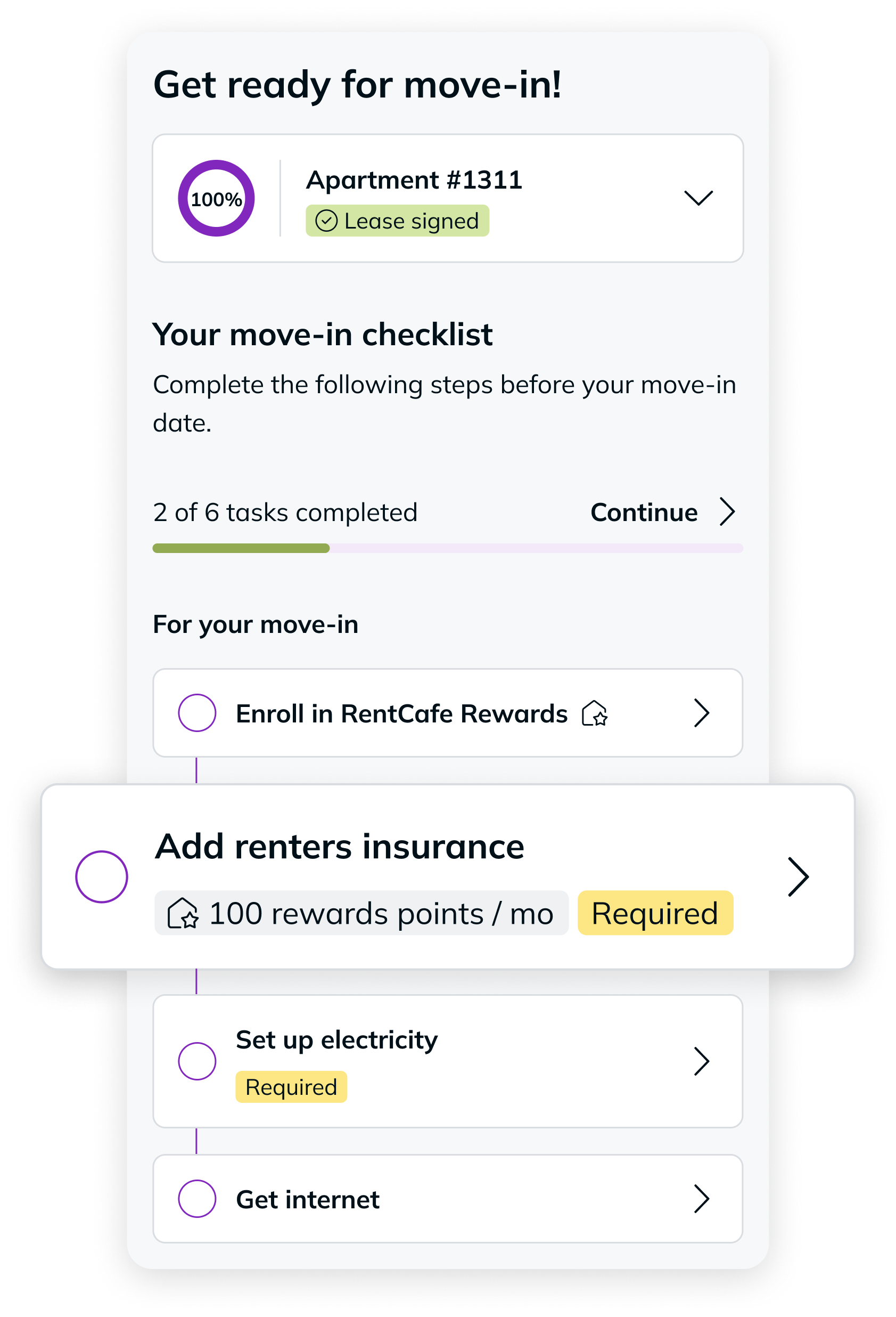 Visual of the RentCafe portal and the move-in checklist screen with renters insurance marked as required.