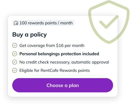 Visual of the RentCafe portal card showing renters insurance policy details, monthly cost, with personal belongings protection and Rewards points included.
