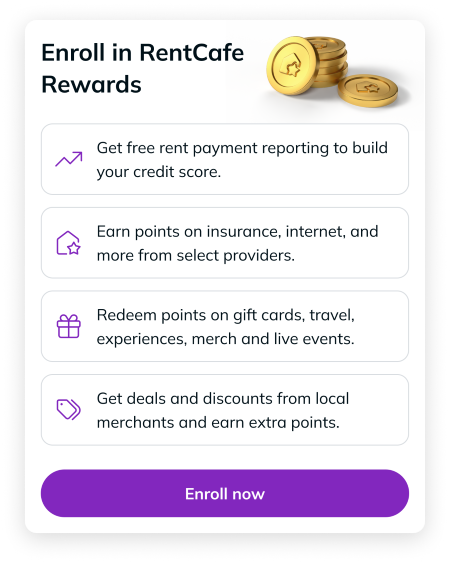Visual of RentCafe Rewards enrollment screen in RentCafe portal, encouraging residents to earn points, access deals, and build their credit.