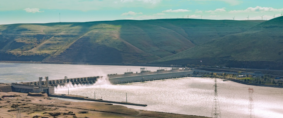 Large hydroelectric dam generating power from flowing water, illustrating a major source of renewable electricity.
