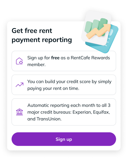 RentCafe Rewards dashboard offering free rent payment reporting to help renters build credit and earn points through Rewards.