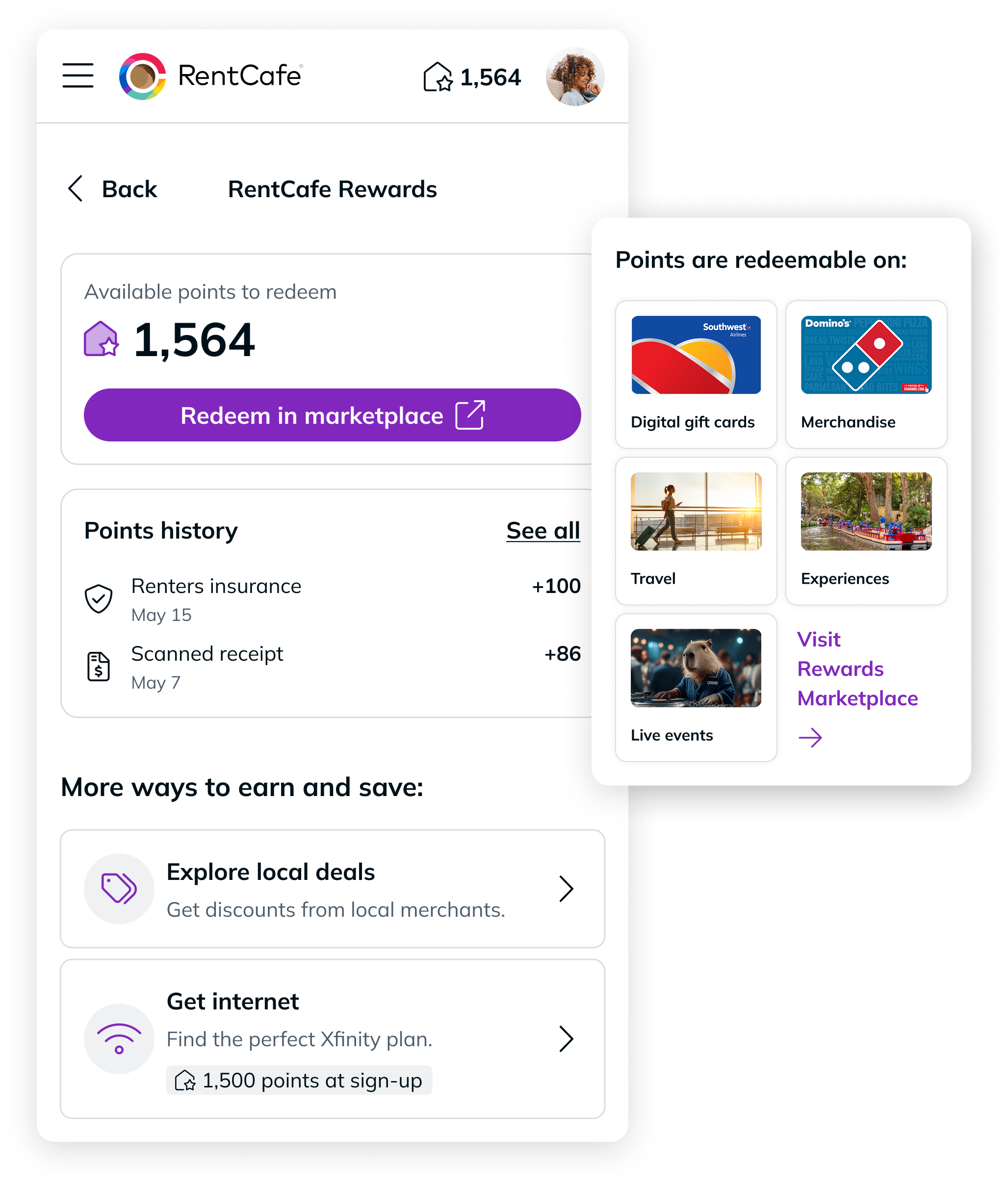 RentCafe Rewards app interface showing points balance, rewards marketplace options, and ways to redeem rewards for gift cards, travel, and merchandise.